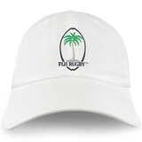The Fiji Throwback Cotton Twill Dad Cap by EMB S&S Activewear features white cotton twill and a green palm tree with “FIJI RUGBY” embroidery on the front—ideal for fans of classic rugby hats.