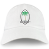 The Fiji Throwback Cotton Twill Dad Cap by EMB S&S Activewear features white cotton twill and a green palm tree with “FIJI RUGBY” embroidery on the front—ideal for fans of classic rugby hats.