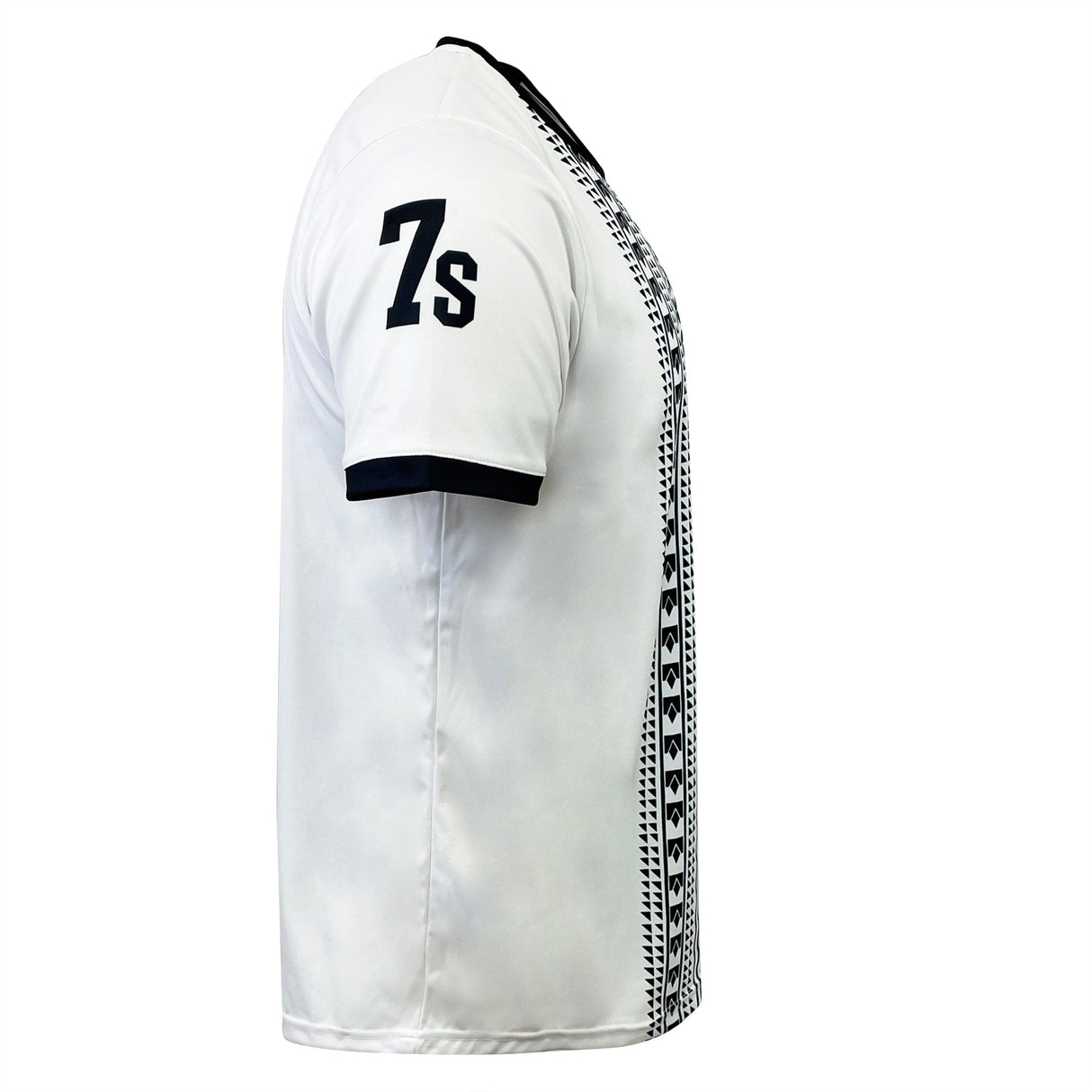 Side view of a white sports jersey with black trim, featuring a patterned stripe down the middle and the number "7S" on the left sleeve—ideal for any die-hard Fiji Sevens Rugby fan. The jersey is the Nations of Rugby Fiji Sevens Rugby Flag Jersey by Admiral.