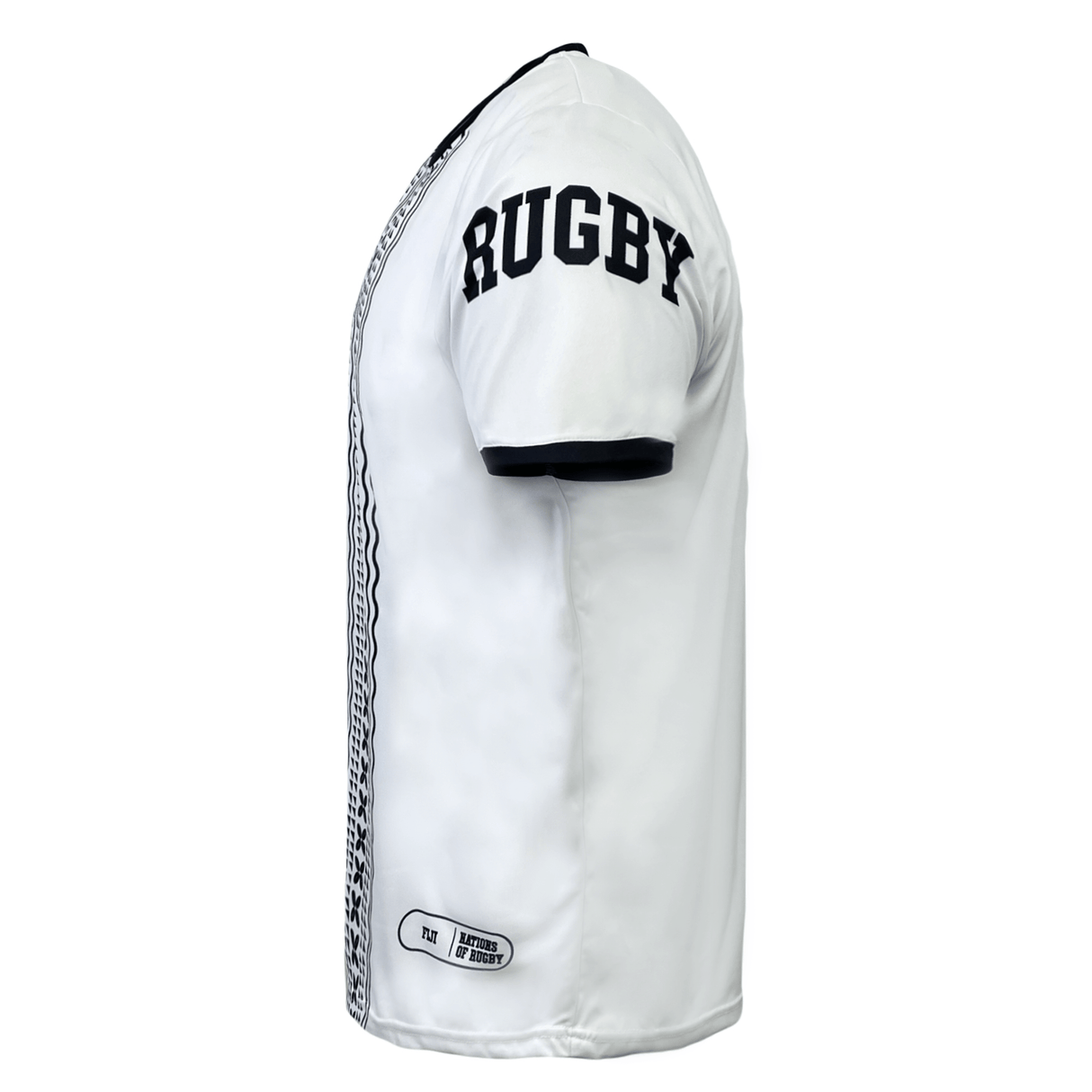 Side view of a white short-sleeved shirt with the word "RUGBY" in bold black letters on the sleeve. Ideal for rugby fans, it features black piping on the sleeve edges and a printed pattern along one side, making it a perfect Nations of Rugby Fiji Sevens Rugby Flag Jersey by Admiral.