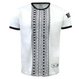 Admiral Nations of Rugby Fiji Sevens Rugby Flag Jersey with black patterned vertical stripe down the center, black trim on collar and sleeve edges, and small text logo on the left sleeve. Perfect for rugby fans, this design celebrates the spirit of Fiji Sevens Rugby.