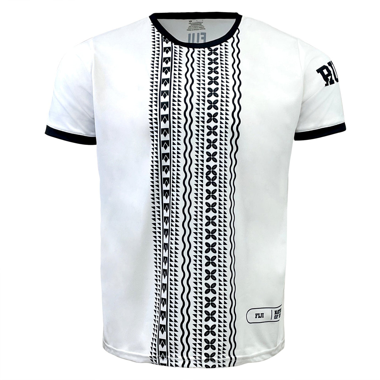 Admiral Nations of Rugby Fiji Sevens Rugby Flag Jersey with black patterned vertical stripe down the center, black trim on collar and sleeve edges, and small text logo on the left sleeve. Perfect for rugby fans, this design celebrates the spirit of Fiji Sevens Rugby.