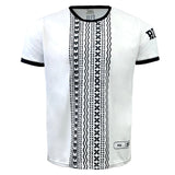 Admiral Nations of Rugby Fiji Sevens Rugby Flag Jersey with black patterned vertical stripe down the center, black trim on collar and sleeve edges, and small text logo on the left sleeve. Perfect for rugby fans, this design celebrates the spirit of Fiji Sevens Rugby.