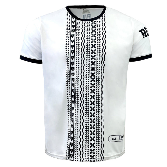 Admiral Nations of Rugby Fiji Sevens Rugby Flag Jersey with black patterned vertical stripe down the center, black trim on collar and sleeve edges, and small text logo on the left sleeve. Perfect for rugby fans, this design celebrates the spirit of Fiji Sevens Rugby.