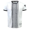 Admiral Nations of Rugby Fiji Sevens Rugby Flag Jersey with black patterned vertical stripe down the center, black trim on collar and sleeve edges, and small text logo on the left sleeve. Perfect for rugby fans, this design celebrates the spirit of Fiji Sevens Rugby.