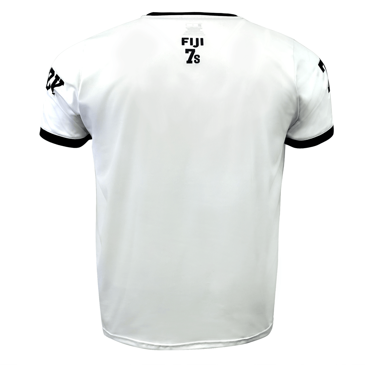 Back view of a white short-sleeved sports jersey with black accents, perfect for rugby fans. The text “Fiji 7s” is printed at the top on the back, embodying the spirit of Fiji Sevens Rugby. This Nations of Rugby Fiji Sevens Rugby Flag Jersey by Admiral is ideal for any passionate supporter.