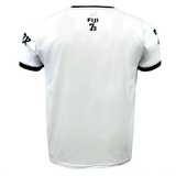 Back view of a white short-sleeved sports jersey with black accents, perfect for rugby fans. The text “Fiji 7s” is printed at the top on the back, embodying the spirit of Fiji Sevens Rugby. This Nations of Rugby Fiji Sevens Rugby Flag Jersey by Admiral is ideal for any passionate supporter.