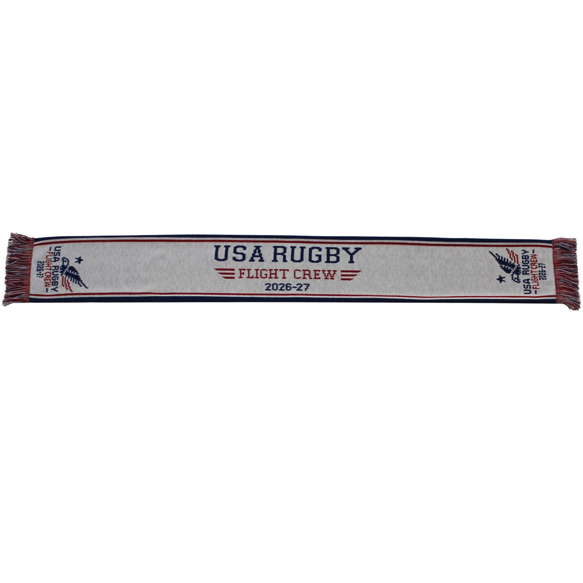 Grey USA Rugby Flight Crew 2026-27 Supporter’s Kit knit scarf with red and blue stripes, featuring the text “USA RUGBY FLIGHT CREW 2026-27” and a winged eagle emblem on both ends and the center.