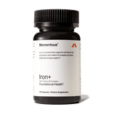 Momentous Iron+ by Momentous is a black bottle with 60 capsules, featuring Ferrochel iron and Vitamin B Complex for foundational health and energy support.