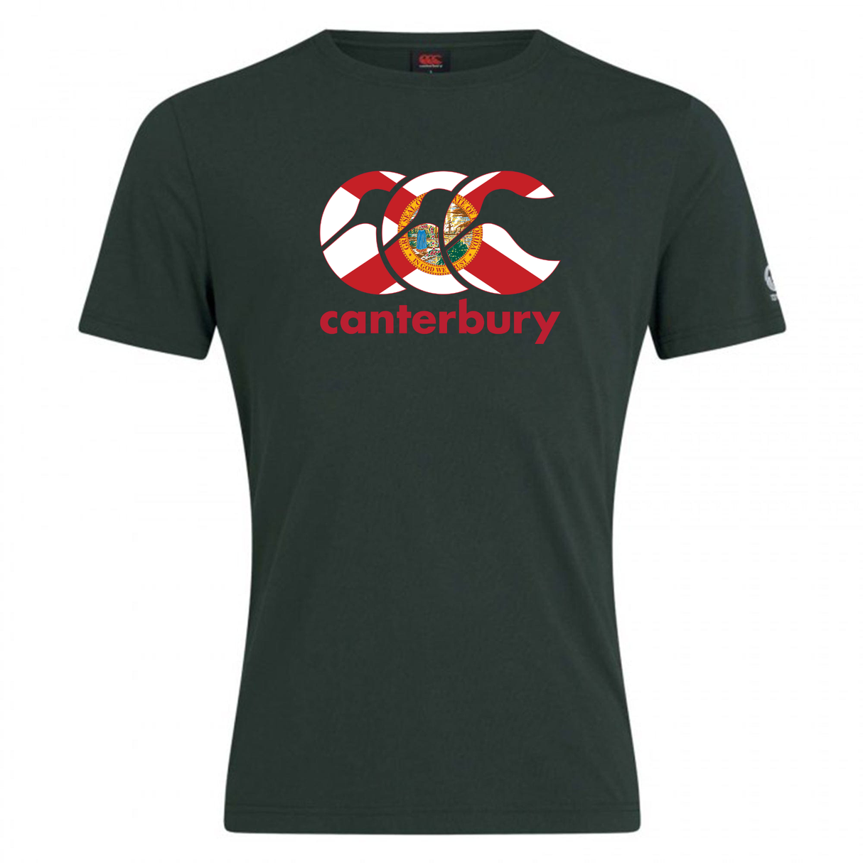 Show your rugby pride with the WRS Canterbury Florida CCC Flag Club T-shirt, featuring dark green fabric and a "canterbury" print with a CCC Flag Club logo filled with Portugal flag colors and emblem.