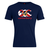 Show your rugby pride in the navy blue Canterbury Florida CCC Flag Club T-shirt by WRS Canterbury, featuring a red, white, and yellow flag logo with "canterbury" printed below.