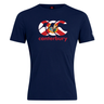 Show your rugby pride in the navy blue Canterbury Florida CCC Flag Club T-shirt by WRS Canterbury, featuring a red, white, and yellow flag logo with "canterbury" printed below.