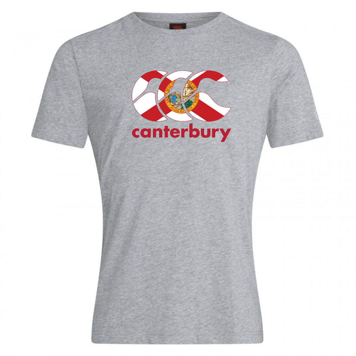 Show your rugby pride with the WRS Canterbury Florida CCC Flag Club T-shirt—a grey tee featuring the iconic red and white CCC Flag Club logo and coat of arms above bold red "canterbury" text.