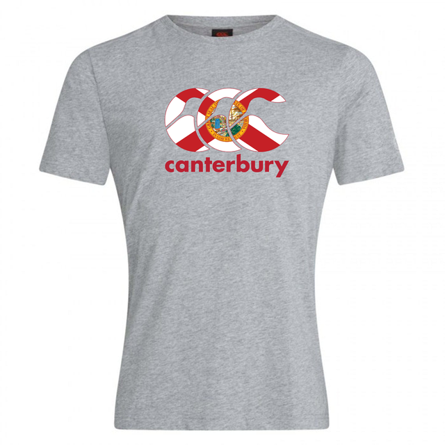 Show your rugby pride with the WRS Canterbury Florida CCC Flag Club T-shirt—a grey tee featuring the iconic red and white CCC Flag Club logo and coat of arms above bold red "canterbury" text.