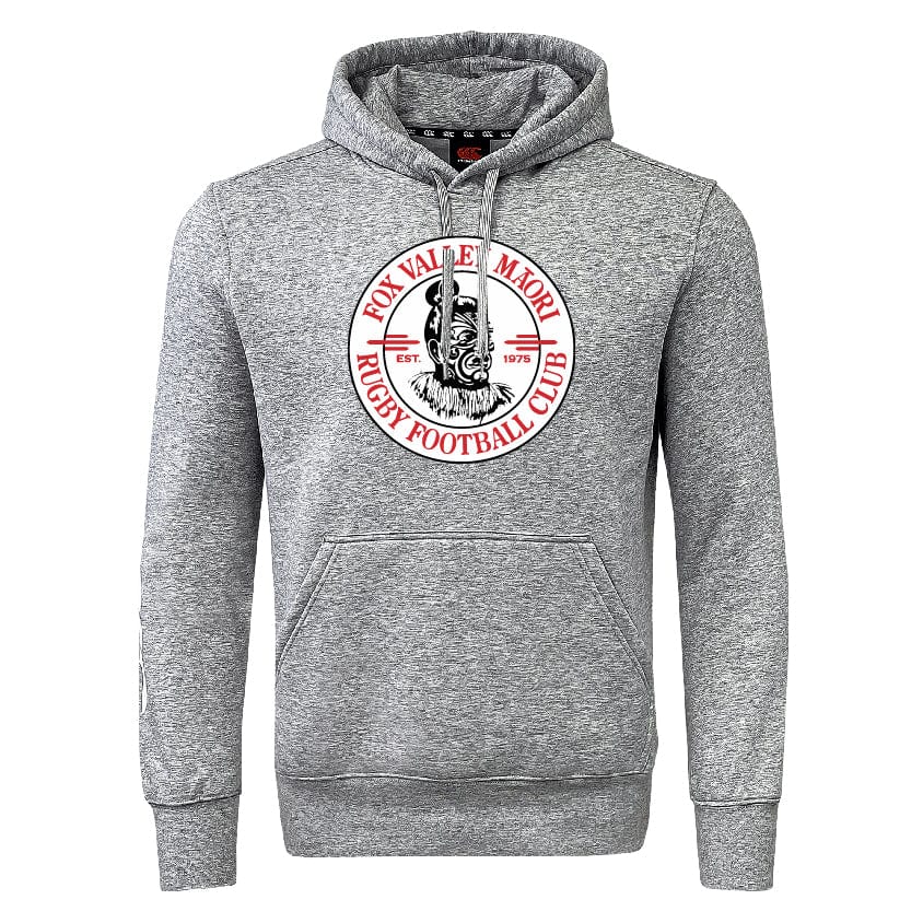 A grey sweatshirt fleece featuring the logo of Fox Valley Maori Rugby Football Club with the club's name, a Maori warrior design, and the year 1975 on the front. This Fox Valley Rugby Club Hoodie by Canterbury showcases WRS Canterbury branding for an authentic and stylish look.
