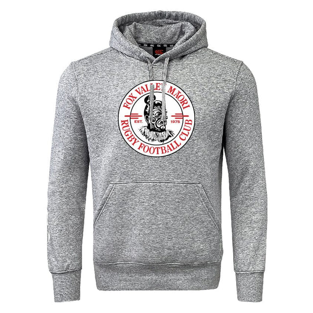A grey sweatshirt fleece featuring the logo of Fox Valley Maori Rugby Football Club with the club's name, a Maori warrior design, and the year 1975 on the front. This Fox Valley Rugby Club Hoodie by Canterbury showcases WRS Canterbury branding for an authentic and stylish look.