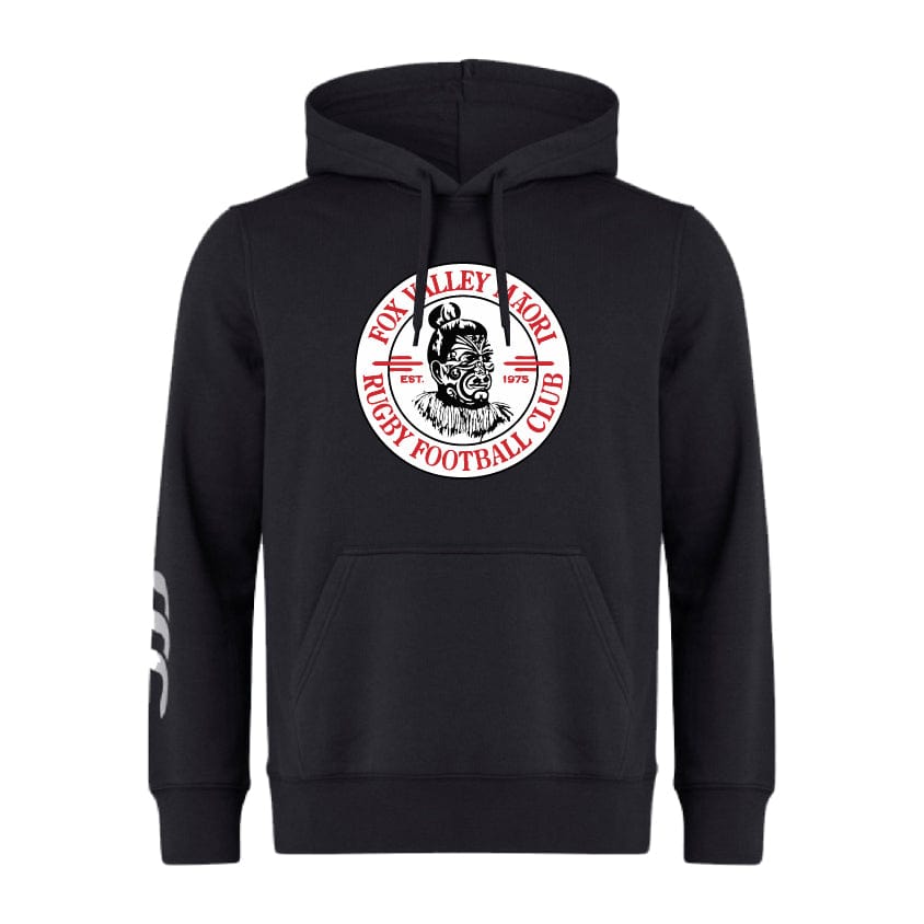 Fox Valley Rugby Club Hoodie by WRS Canterbury featuring the Fox Valley North Rugby Football Club logo on the chest, three white stripes on the right sleeve, and Canterbury branding.