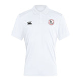 This white short-sleeve breathable polo features a black logo on the left chest, a red and white emblem on the right chest, and a small black logo on the right sleeve. The Fox Valley Rugby Club Dry Polo by Canterbury is designed with Vapodri Technology for enhanced comfort.

