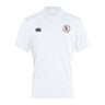 This white short-sleeve breathable polo features a black logo on the left chest, a red and white emblem on the right chest, and a small black logo on the right sleeve. The Fox Valley Rugby Club Dry Polo by Canterbury is designed with Vapodri Technology for enhanced comfort.
