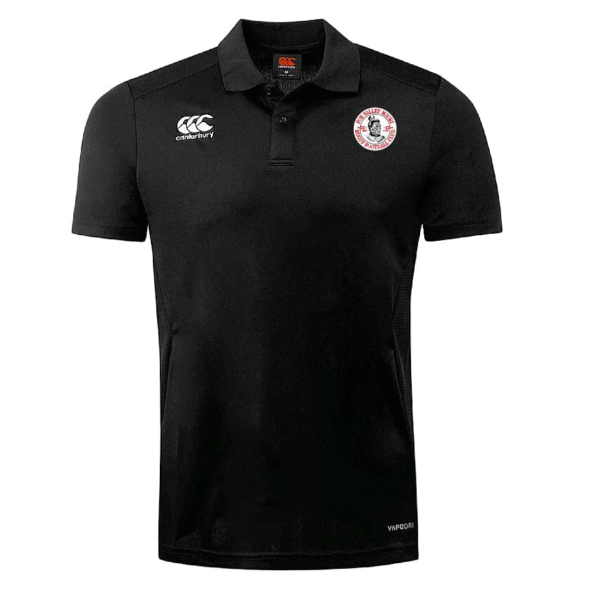 A black Fox Valley Rugby Club Dry Polo by EMB Canterbury featuring Vapodri Technology for ultimate comfort, the brand's logo on the right chest, and a round badge with a red emblem on the left chest.
