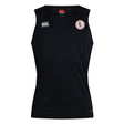 A black sleeveless Fox Valley Rugby Club Dry Singlet by EMB Canterbury, featuring Vapodri Technology for enhanced comfort, with a small EMB Canterbury logo on the right shoulder and a circular white, red, and black emblem on the left chest. Perfect addition to your athletic gear collection.
