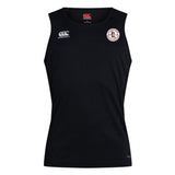 A black sleeveless Fox Valley Rugby Club Dry Singlet by EMB Canterbury, featuring Vapodri Technology for enhanced comfort, with a small EMB Canterbury logo on the right shoulder and a circular white, red, and black emblem on the left chest. Perfect addition to your athletic gear collection.