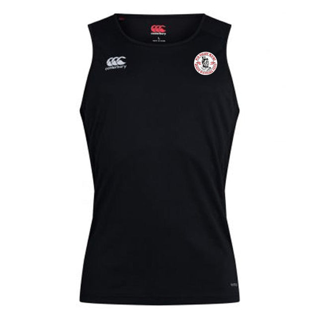 A black sleeveless Fox Valley Rugby Club Dry Singlet by EMB Canterbury, featuring Vapodri Technology for enhanced comfort, with a small EMB Canterbury logo on the right shoulder and a circular white, red, and black emblem on the left chest. Perfect addition to your athletic gear collection.