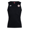 A black sleeveless Fox Valley Rugby Club Dry Singlet by EMB Canterbury, featuring Vapodri Technology for enhanced comfort, with a small EMB Canterbury logo on the right shoulder and a circular white, red, and black emblem on the left chest. Perfect addition to your athletic gear collection.
