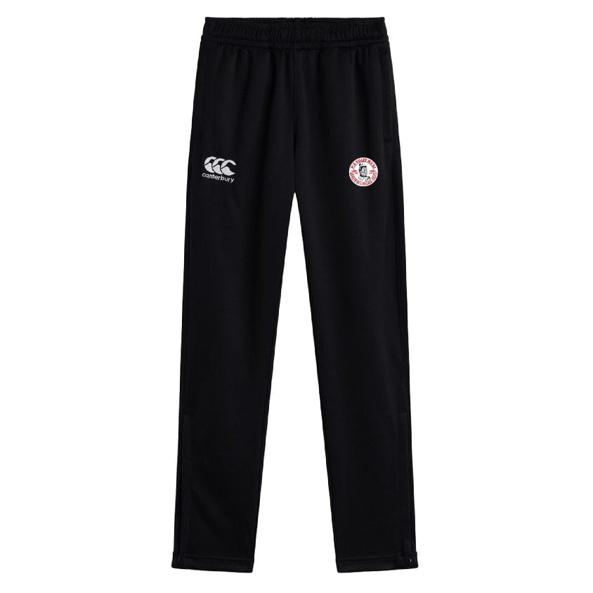 Fox Valley Rugby Cuffed Hem Stadium Pant by EMB Canterbury with an elastic waistband, featuring a white logo on the left thigh and a circular emblem on the right thigh. These durable sportswear items are perfect as rugby pants for intense training sessions.