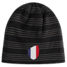 The EMB Canterbury France Shield Beanie is gray and black with a France Shield emblem displaying vertical blue, white, and red stripes.