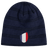 The EMB Canterbury France Shield Beanie is a dark blue, striped beanie featuring the iconic shield emblem in blue, white, and red.