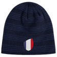 The EMB Canterbury France Shield Beanie is a dark blue, striped beanie featuring the iconic shield emblem in blue, white, and red.
