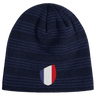 The EMB Canterbury France Shield Beanie is a dark blue, striped beanie featuring the iconic shield emblem in blue, white, and red.