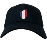 Introducing the France Shield Flex Drill Cap by EMB Canterbury, showcasing black fabric with a France shield design and vertical stripes in blue, white, and red.