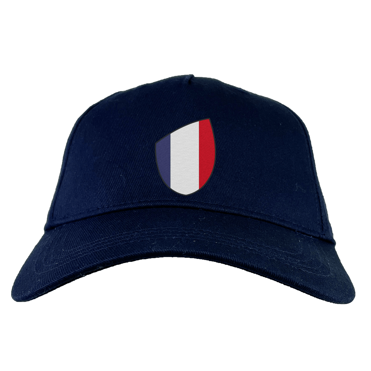 The France Shield Flex Drill Cap by EMB Canterbury features a navy blue design with a France shield logo and vertical blue, white, and red stripes.