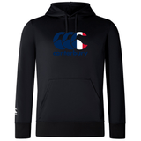 The Canterbury France CCC Club Lightweight Hoodie by WRS Canterbury is a black hoodie showcasing the iconic "Canterbury" logo in blue, red, and white on the front with a unique white "CCC" logo on the left sleeve.
