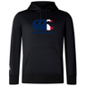 The Canterbury France CCC Club Lightweight Hoodie by WRS Canterbury is a black hoodie showcasing the iconic "Canterbury" logo in blue, red, and white on the front with a unique white "CCC" logo on the left sleeve.