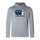 The WRS Canterbury France CCC Club Lightweight Hoodie is gray with a bold "CCC" logo in vibrant blue and red on the chest, ideal for casual wear.