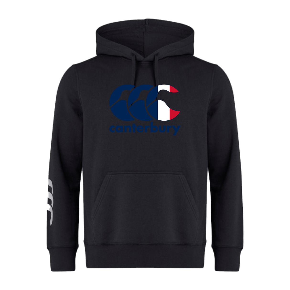 The Canterbury France CCC Flag Club Hoodie by WRS Canterbury is a black sweatshirt fleece hoodie featuring the iconic CCC logo on the chest and a white design on the left sleeve.