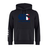 The Canterbury France CCC Flag Club Hoodie by WRS Canterbury is a black sweatshirt fleece hoodie featuring the iconic CCC logo on the chest and a white design on the left sleeve.
