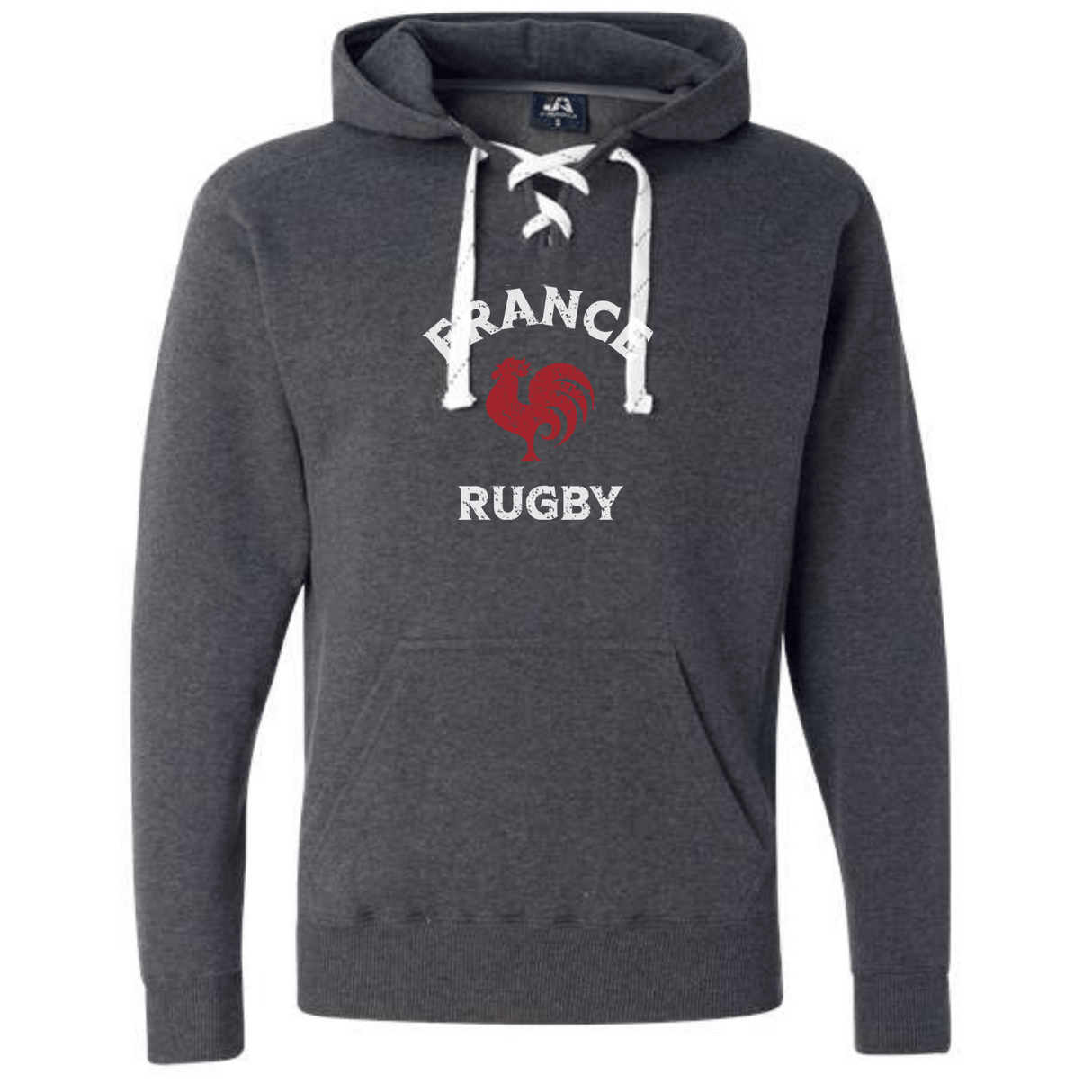 The WRS S&S Activewear Nations of Rugby France Rugby Hockey Hoodie is a dark gray hoodie with white laces, front pocket, "France Rugby," and a red rooster graphic on the chest—ideal medium-weight sportswear for fans.