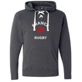 The WRS S&S Activewear Nations of Rugby France Rugby Hockey Hoodie is a dark gray hoodie with white laces, front pocket, "France Rugby," and a red rooster graphic on the chest—ideal medium-weight sportswear for fans.