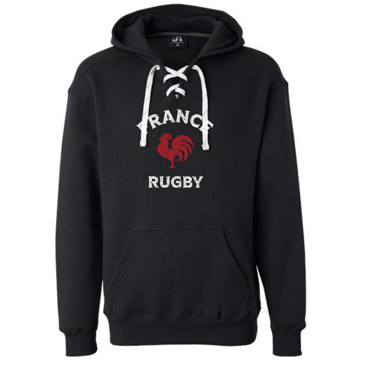 The WRS S&S Activewear Nations of Rugby France Rugby Hockey Hoodie features "France Rugby" text and a red rooster graphic on the front. This medium-weight lace-up hoodie offers fans custom sportswear comfort.