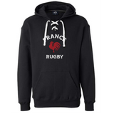 The WRS S&S Activewear Nations of Rugby France Rugby Hockey Hoodie features "France Rugby" text and a red rooster graphic on the front. This medium-weight lace-up hoodie offers fans custom sportswear comfort.