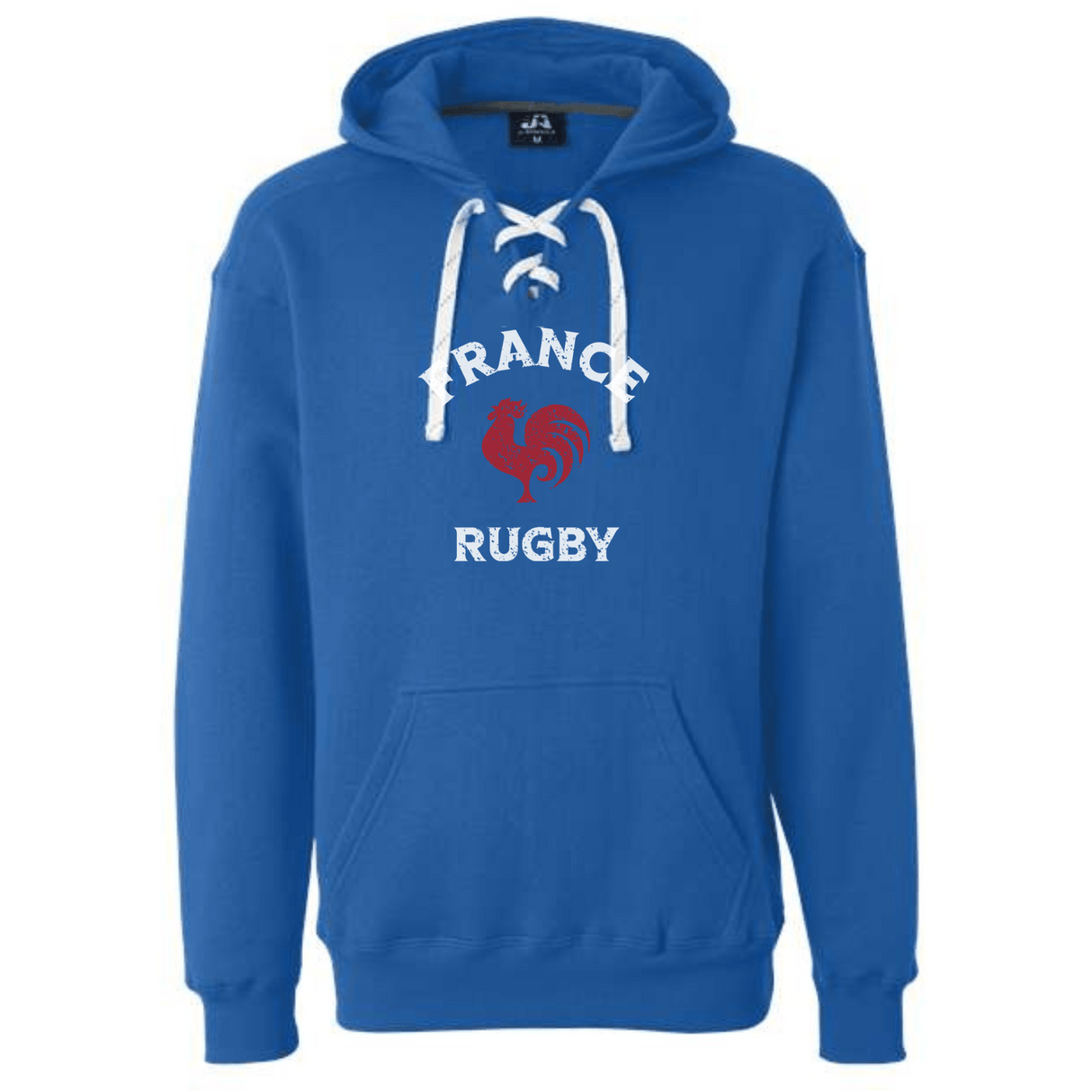 Show your support with the Nations of Rugby France Rugby Hockey Hoodie by WRS S&S Activewear—blue medium-weight hoodie with lace-up detail, bold "France Rugby" text, and a red rooster graphic. Perfect custom sportswear for fans.