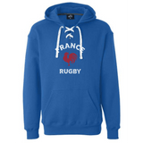 Show your support with the Nations of Rugby France Rugby Hockey Hoodie by WRS S&S Activewear—blue medium-weight hoodie with lace-up detail, bold "France Rugby" text, and a red rooster graphic. Perfect custom sportswear for fans.