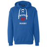 Show your support with the Nations of Rugby France Rugby Hockey Hoodie by WRS S&S Activewear—blue medium-weight hoodie with lace-up detail, bold "France Rugby" text, and a red rooster graphic. Perfect custom sportswear for fans.