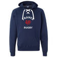 The WRS S&S Activewear Nations of Rugby France Rugby Hockey Hoodie features a navy blue design with a lace-up collar, front pocket, "France Rugby" text, and a red rooster logo on the chest. Medium weight for comfort and style.