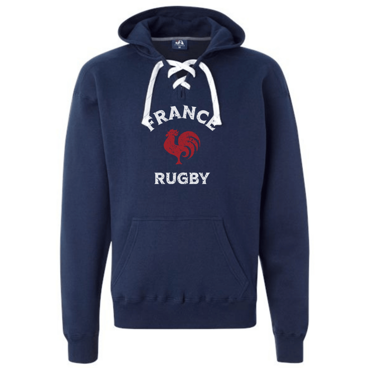 The WRS S&S Activewear Nations of Rugby France Rugby Hockey Hoodie features a navy blue design with a lace-up collar, front pocket, "France Rugby" text, and a red rooster logo on the chest. Medium weight for comfort and style.