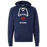 The WRS S&S Activewear Nations of Rugby France Rugby Hockey Hoodie features a navy blue design with a lace-up collar, front pocket, "France Rugby" text, and a red rooster logo on the chest. Medium weight for comfort and style.